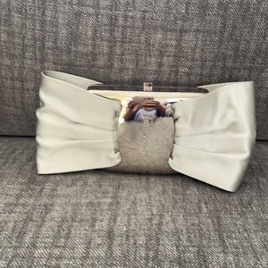 New Salvatore Ferragamo Grey Satin and Silver Metal Bow Clutch